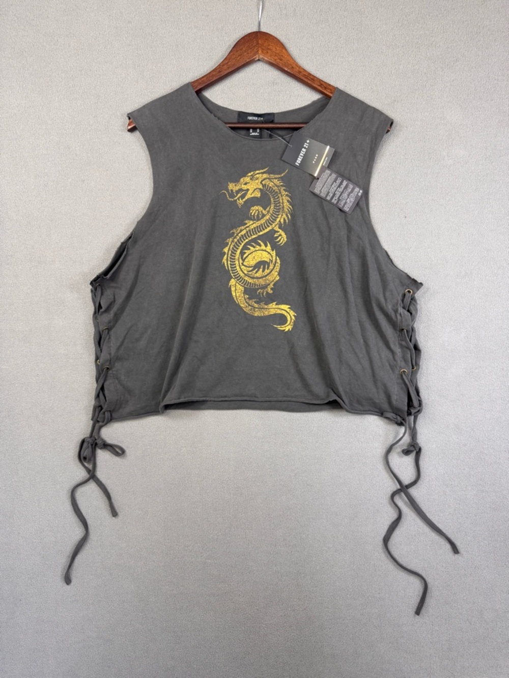 Forever 21 Plus Charcoal Crop Tank with Gold Dragon, Laced Sides, 2X NWT